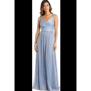 Nightway Women's Blue Metallic V Neck Double Strap Maxi Dress Gown 10P Shimmer